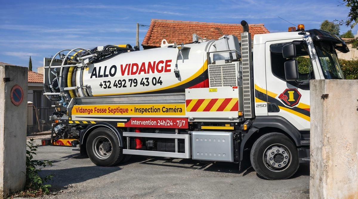Camion Allo Vidange vidangeant une fosse septique en Belgique