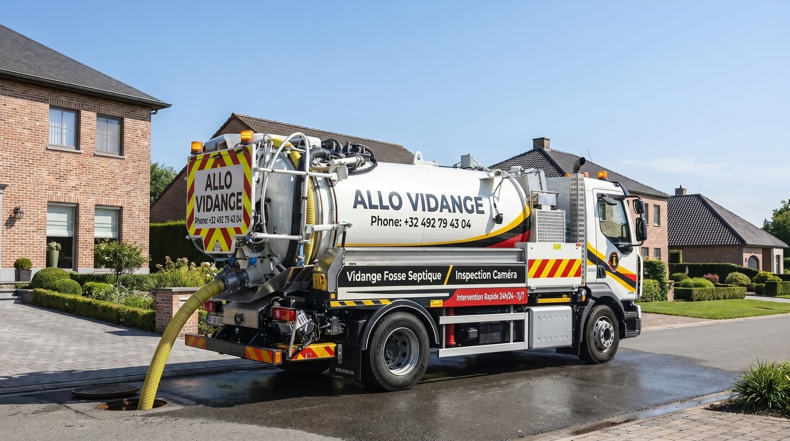 Camion de vidange Allo Vidange en intervention devant une habitation en Belgique